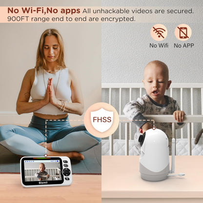 Video baby monitor with audio, 30-hour rechargeable battery, 5" screen, remote pan/tilt/zoom camera, two-way talk, night vision, no WiFi.
