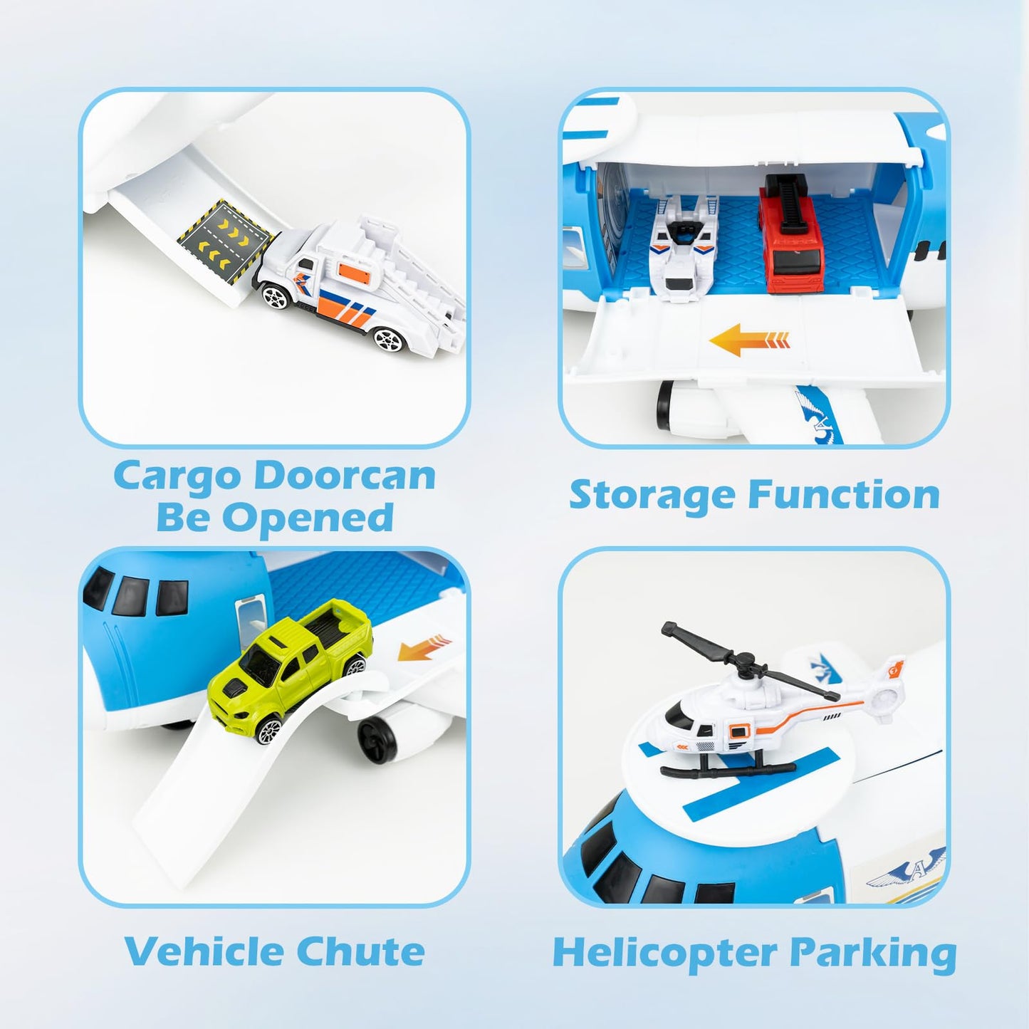 RedCrab airplane playset, transport airplane toy with car, helicopter, and ramp. Children's vehicle learning toy, toy car set, gift for kids ages 3 and up.