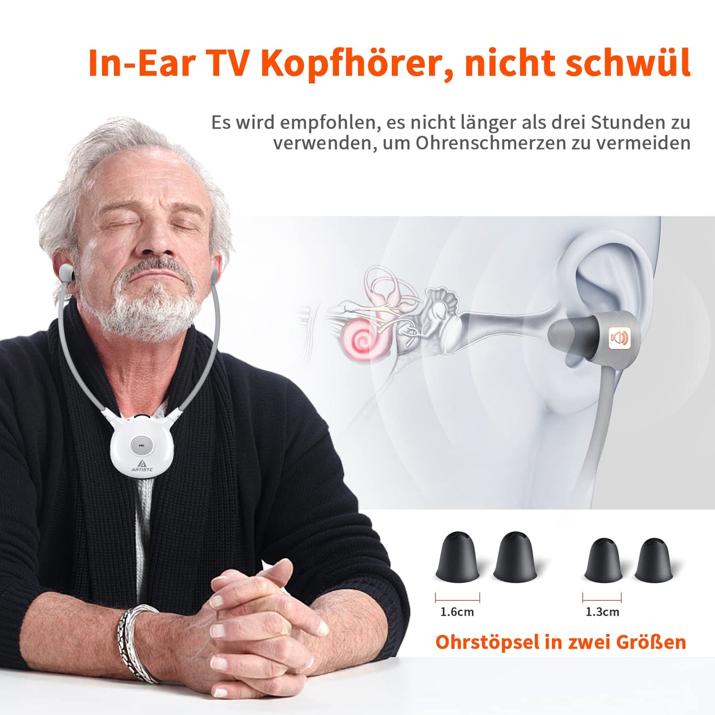 APH100 wireless TV headphones for seniors, 2.4 GHz, with 3.5mm AUX, RCA, includes 2 batteries and two sets of ear tips.