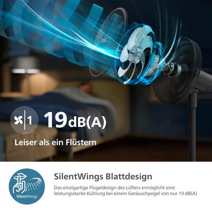 PHILIPS Smart Stand Fan Series 3000. Powerful & extremely quiet SilentWings technology. 19 dB. 2-in-1 table & stand fan. Adjustable tilt & oscillation. App control. 12-hour timer. Black (CX3550/01)
