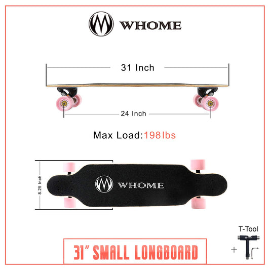 WHOME Longboards - 31 inch Small Longboard Cruising Skateboard - for adults/children girls/boys beginners/professionals including T-Tool (Deer Bird)