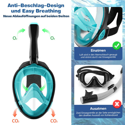 Full Face Snorkel Mask for Adults - CO2 Safe, Waterproof & Anti-Fog Dive Mask with Camera Mount - Diving Mask with Carry Bag & Earplugs (green, L-XL)