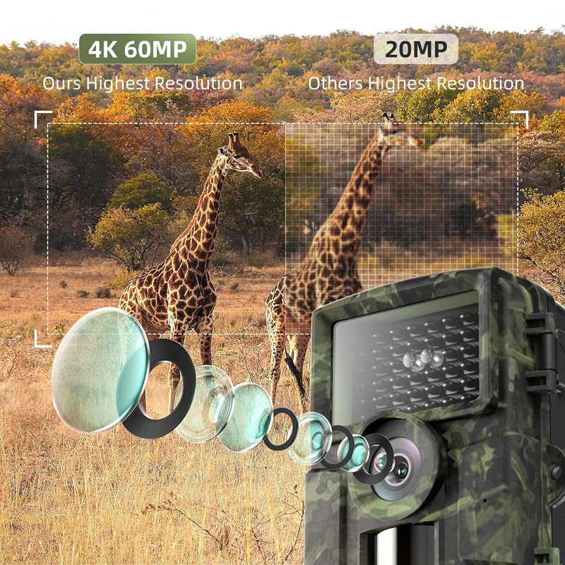 Seseno WiFi Trail Camera, 4K 60MP HD Wildlife Camera with Mobile Transmission APP, IP66 Waterproof Night Vision Camera Hunting Camera with Motion Sensor for Wildlife Monitoring with 32G Memory Card
