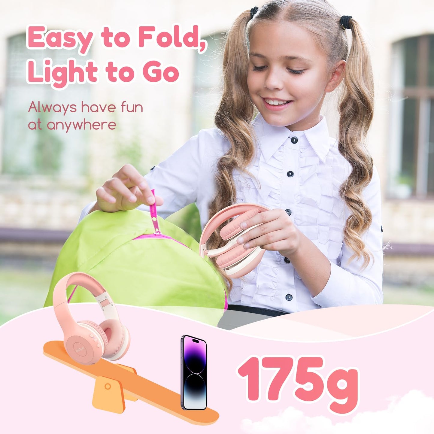EarFun Bluetooth headphones for kids, 85/94dB volume control, HiFi sound, HD microphone, 40 hrs battery, foldable, adjustable, wireless Bluetooth headphones for school/travel, Pink