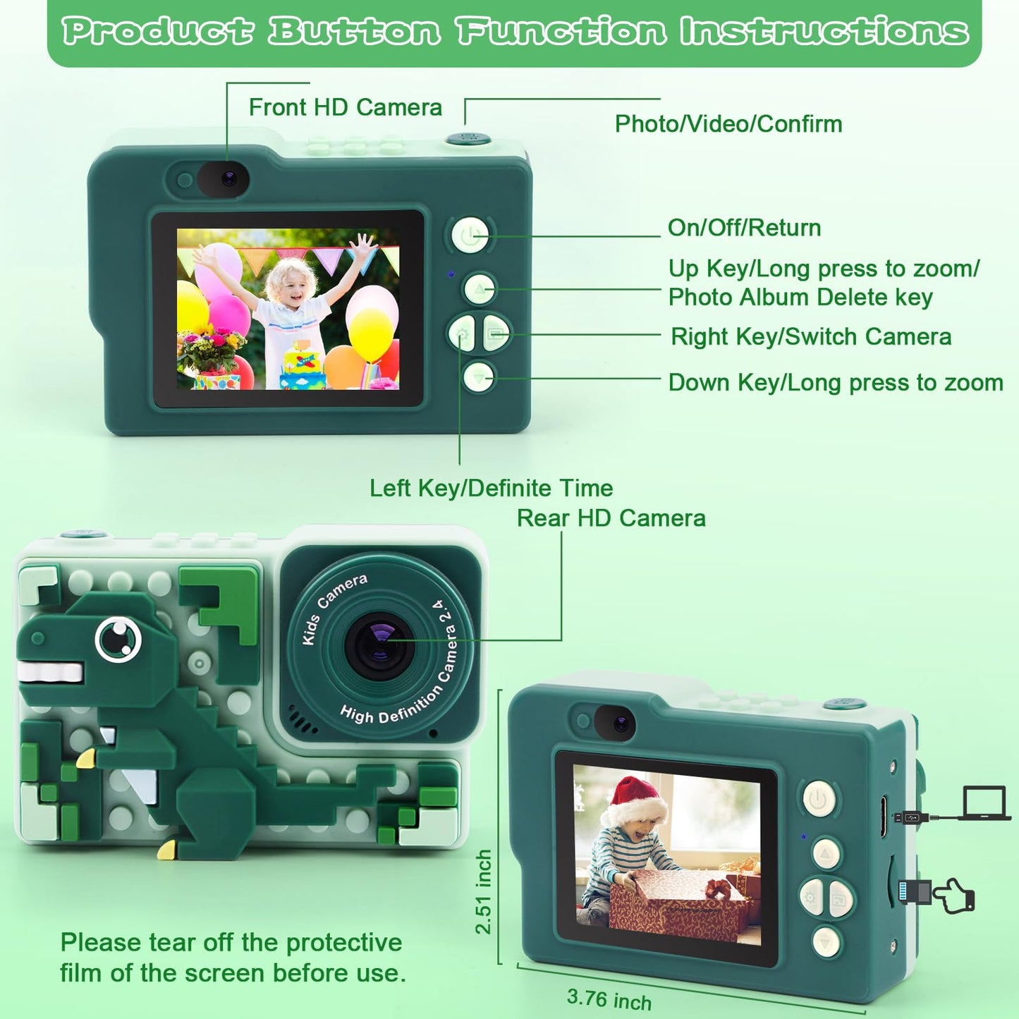 Children's camera, camera for kids, back to school birthday gifts for boys 3 4 5 6 8 7 9 10 11 12 years old, 32GB 1080P HD digital camera, boys' camera, camera dinosaur kids toy.