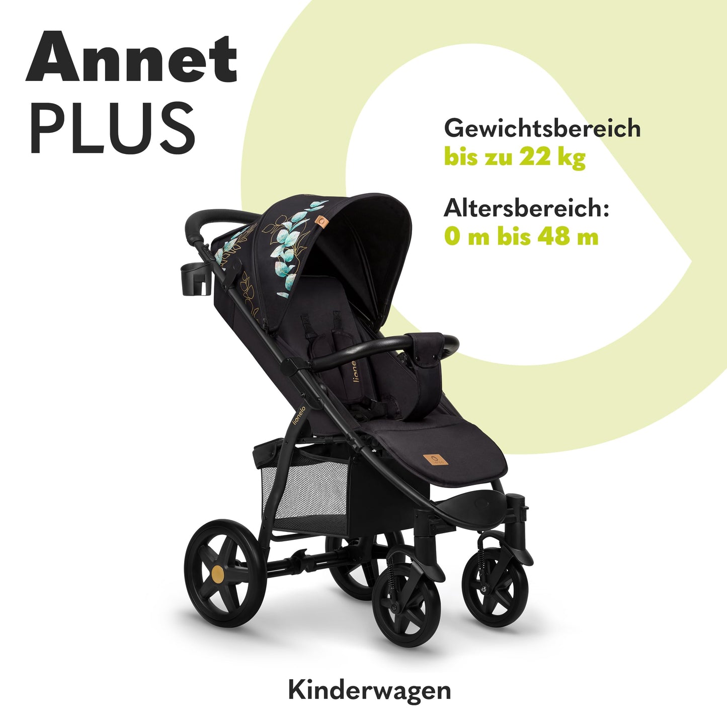 LIONELO Annet Plus stroller up to 22 kg with adjustable backrest, compact fold with accessories, EVA foam wheels, mosquito net, footmuff, cup holder, basket