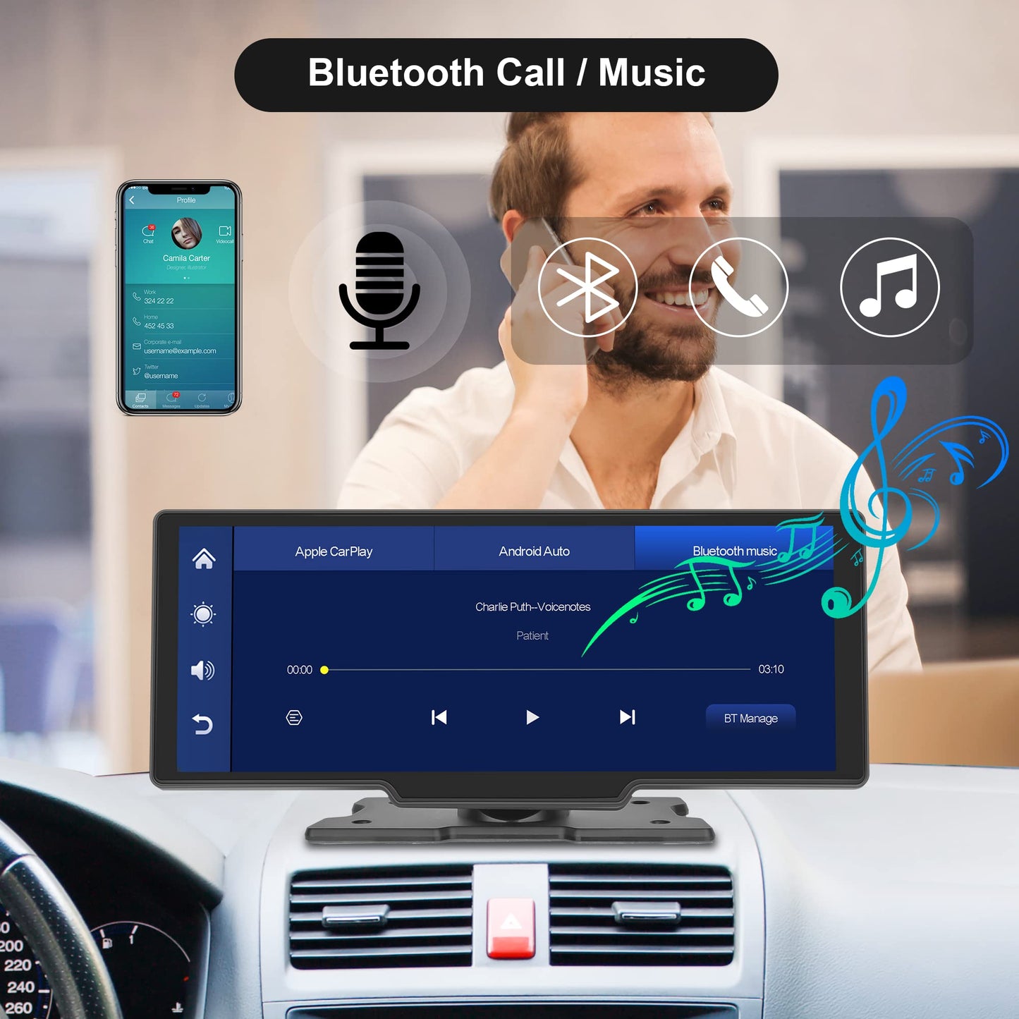 Wireless Apple Carplay Android Auto Portable Car Radio with Rearview Camera 64G TF Card, 10.26-inch Touchscreen Portable Car Radio with Airplay/Android Cast/Dual Bluetooth/FM Transmitter/Voice Control/AUX.