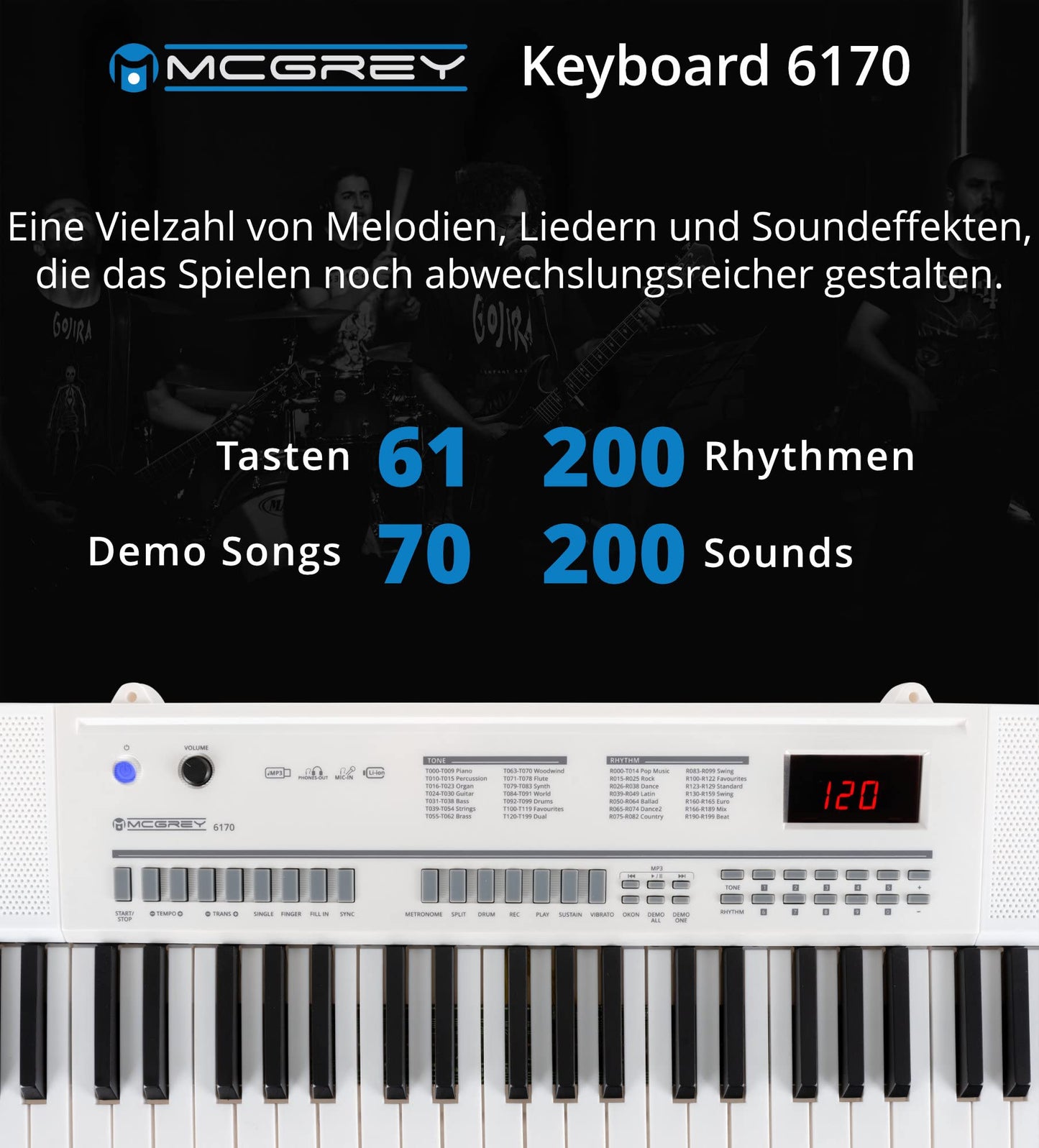 McGrey 6170 WH Battery Keyboard - 61 keys keyboard with built-in battery - 200 sounds and rhythms - MP3 player via USB stick - Accompaniment and learning function - Includes microphone - White