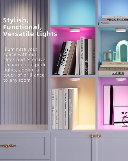 Wireless LED cabinet lighting with remote control and timer, RGB LED spot rechargeable via USB, cabinet lighting without cables, round under cabinet light with magnetic strip, battery-powered touch shelf lighting.