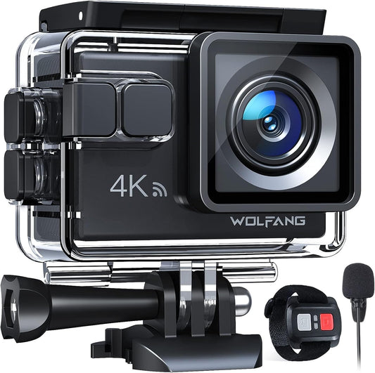 WOLFANG GA100 Action Cam 4K 20MP underwater camera WiFi 40M waterproof EIS stabilizer helmet camera 170° wide angle camcorder (external microphone, 2.4G remote control, 2 batteries and accessory kit)