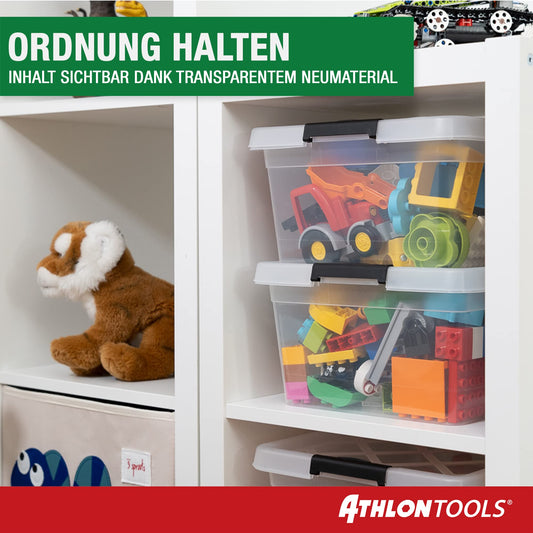 ATHLON TOOLS 4x 12.5 L storage boxes with lids, food-safe - closure clips - 100% virgin material plastic box transparent - stackable clothing boxes...