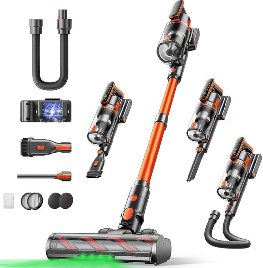 Fieety Cordless Vacuum Cleaner, 45KPa/550W/60Min with Wall-Mounted Charging Station, Aromatherapy, Auto Mode, Touchscreen, 1M Extendable Hose for Hard Floors Carpets Pet Hair Car