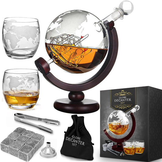 MikaMax Whiskey Decanter Globe Set - Whisky Globe Decanter Set, Including Whiskey Glasses and Whiskey Stones - Whiskey Gift Set, Gifts for Men