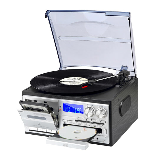JORLAI Vintage Record Player 3 Speed Turntable with Remote, Vinyl Bluetooth with Built-in Speakers CD/Cassette AM/FM Radio USB/SD/MMC 3.5mm Aux-in/RCA-Out, Black