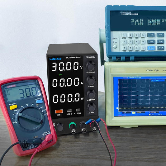 Adjustable laboratory power supply 30V 10A, variable DC power supply with USB-A/Type-C fast charging port, highly precise 4-LED display bench encoder control power supply.