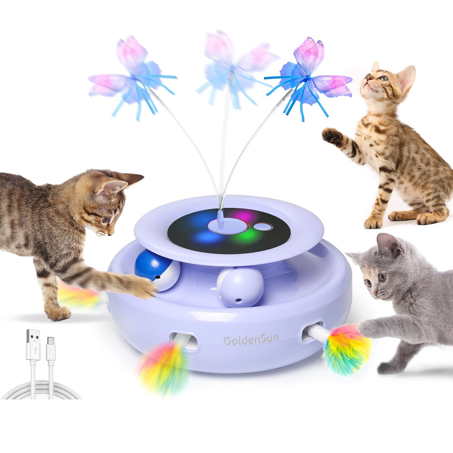 GoldenSun 3 in 1 Interactive Cat Toy, Electric Automatic Cat Toy, Whack-A-Mole, Fluttering Butterfly, includes Ball, USB Rechargeable Cat Teaser with 6 Attachments.