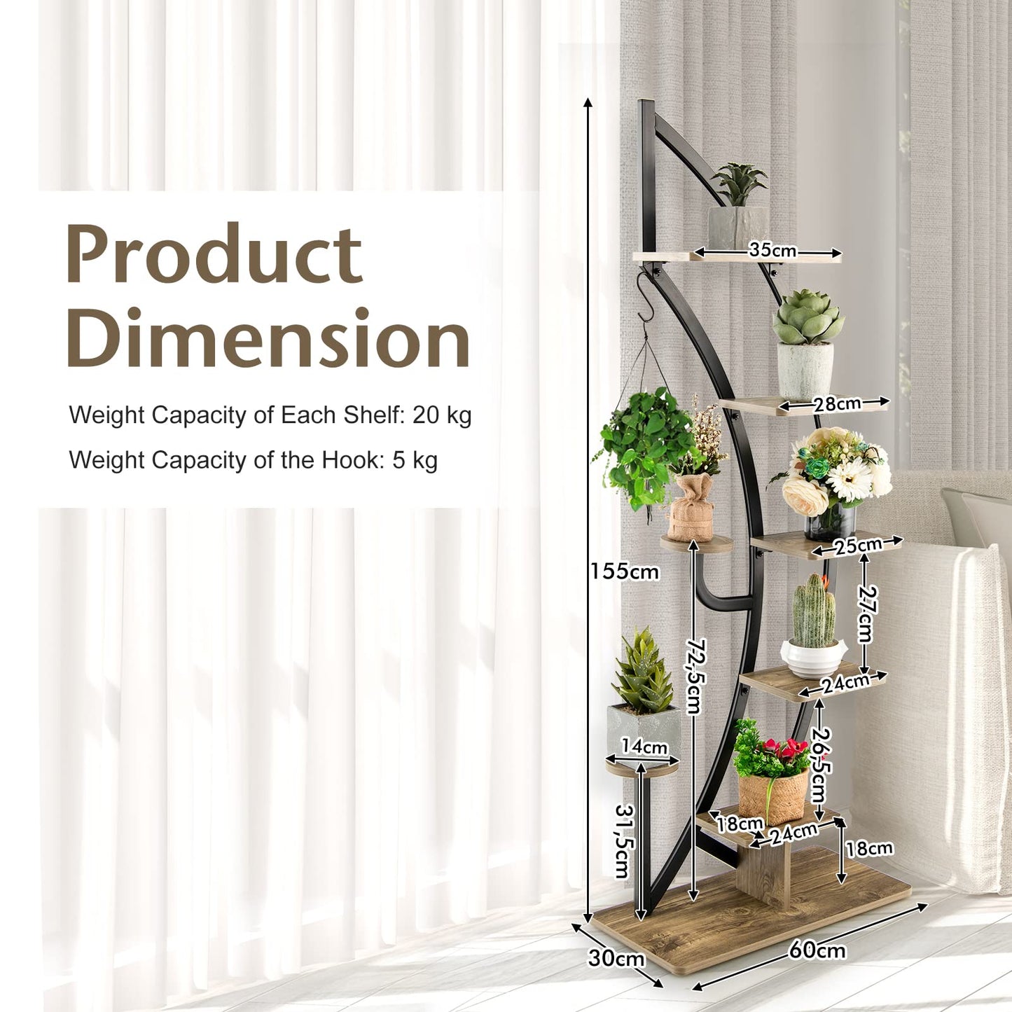 COMFOTTEU 5-tier Plant Stand, Metal Plant Pot, Plant Stand with Tilt Protection, Plant Holder with 7 Tiers & 1 Hook, Display Stand for Patio Garden Balcony, Black (2 Pieces)