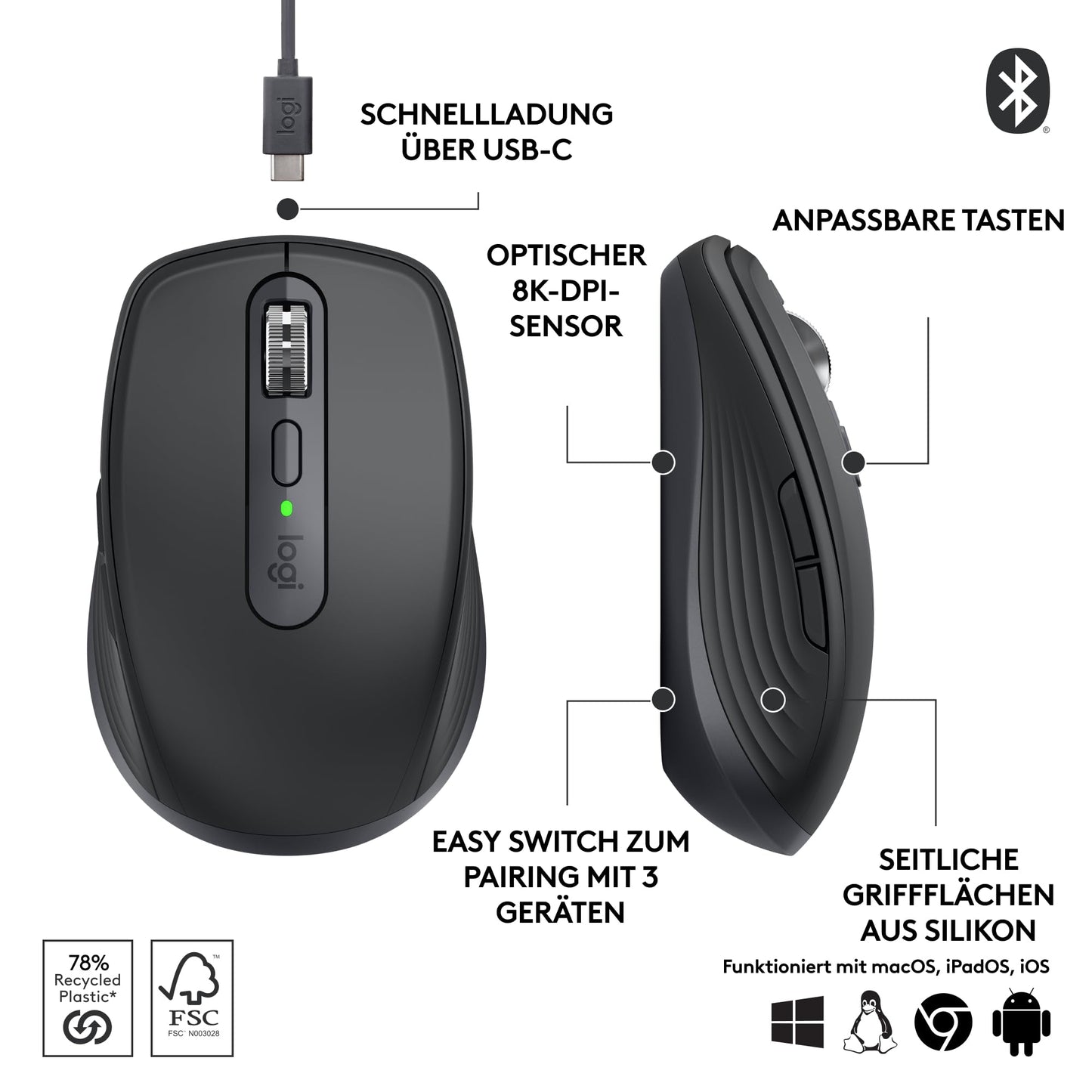 Logitech MX Anywhere 3S Compact Wireless Mouse, Fast Scrolling, 8K DPI Any-Surface Tracking, Quiet Clicks, Programmable Buttons, USB C, Bluetooth, Windows PC, Linux, Chrome, Mac - Graphite