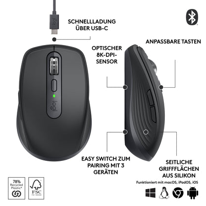 Logitech MX Anywhere 3S Compact Wireless Mouse, Fast Scrolling, 8K DPI Any-Surface Tracking, Quiet Clicks, Programmable Buttons, USB C, Bluetooth, Windows PC, Linux, Chrome, Mac - Graphite