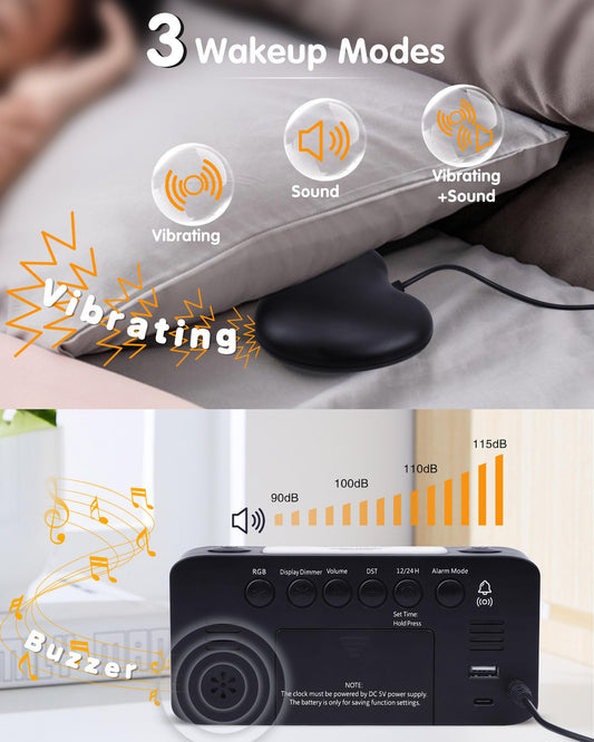Extremely Loud Vibrating Alarm Clock Bed Shaker for Deaf/Hard of Hearing/Deep Sleepers, RGB Digital Clock for Kids Bedroom, Large Numbers/USB Charger/Nightlight/Auto Off Memory