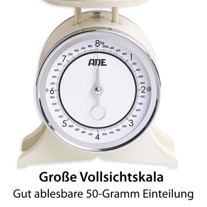 ADE Retro-style mechanical kitchen scale | precise display up to 8 kg | classic analog metal bowl scale | high-quality removable stainless steel bowl | cream white