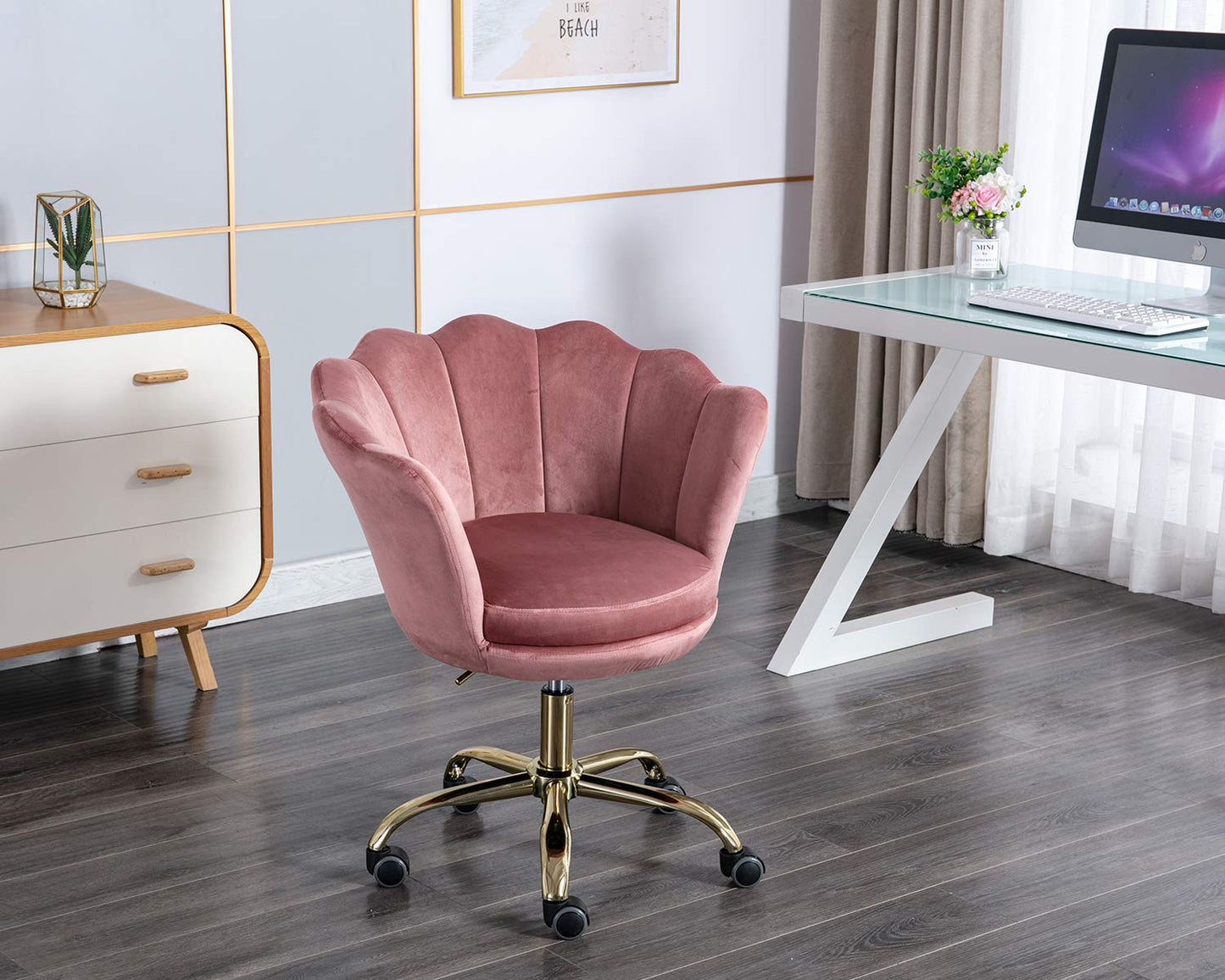 Wahson velvet office chair with wheels and adjustable height, suitable for bedroom/vanity desk. Available in pink.