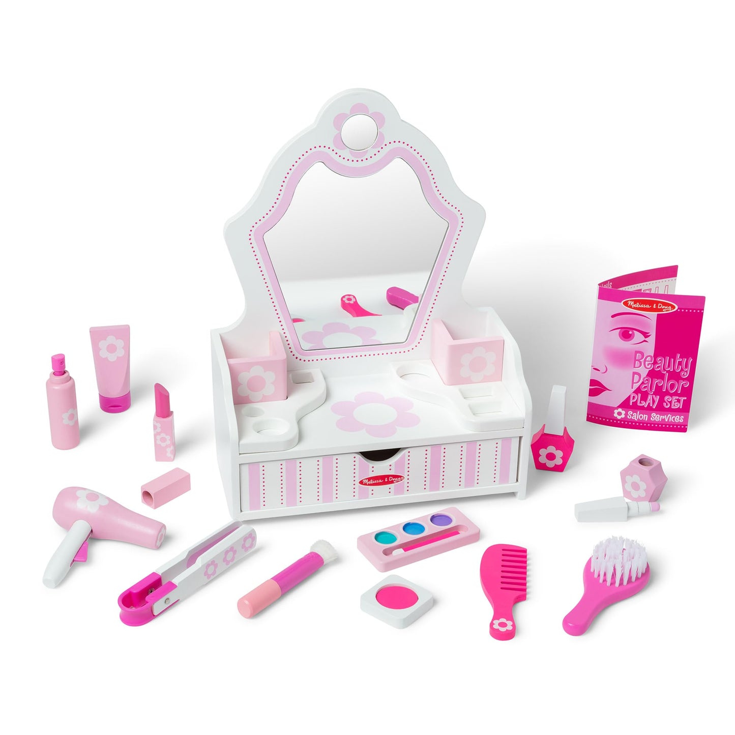 Melissa & Doug wooden beauty salon play set - 18-piece set with vanity and accessories for imaginative role play, no real makeup, for children ages 3 and up - FSC certified.