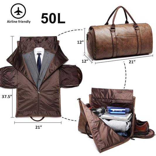 BOLOSTA Carry-On Bag for Travel, Leather, convertible, for men, with shoe compartment, waterproof, perfect for business trips/husband gifts, Brown, For Travel