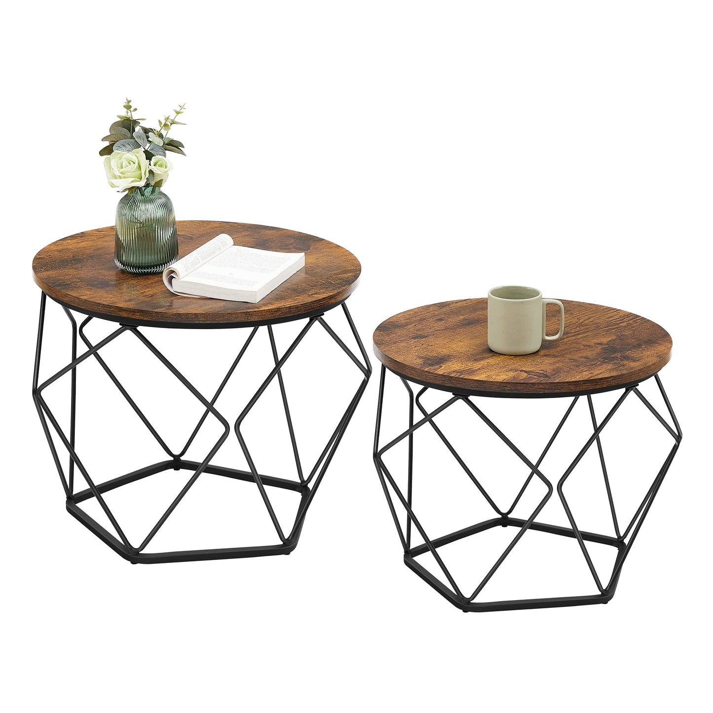 VASAGLE round coffee table, set of 2, living room table, side table, vintage flair, removable tabletop, for living room, vintage brown-ink black LET040B01