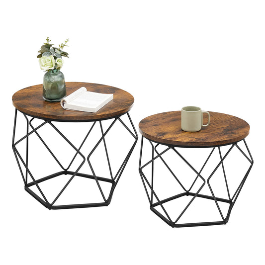 VASAGLE round coffee table, set of 2, living room table, side table, vintage flair, removable tabletop, for living room, vintage brown-ink black LET040B01