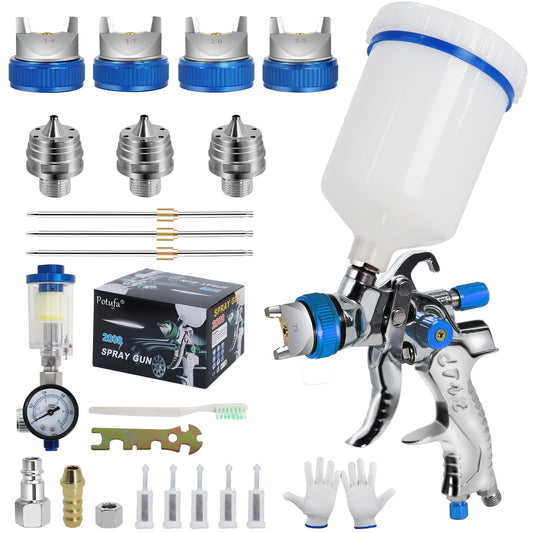 Potufa HVLP Paint Spray Gun Kit with 4 nozzles - 1.4mm & 1.7mm & 2.0mm & 2.5mm, Professional Air Paint Spray Gun Gravity Feed Sprayer with 600ml Plastic Cup (Blue)