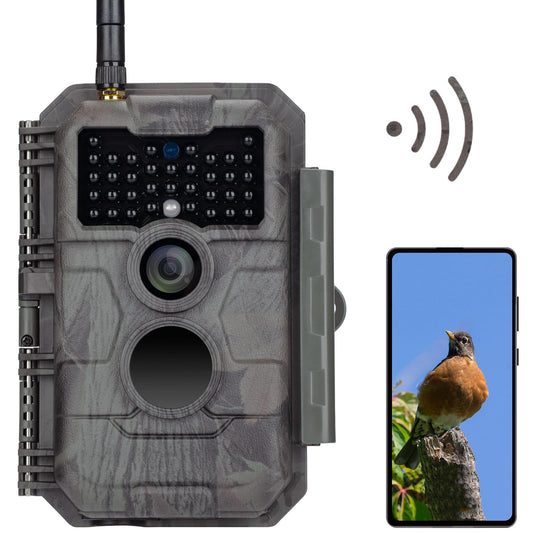 GardePro E6 trail camera with WiFi antenna, 48MP 1296P resolution, motion sensor, No Glow infrared 940nm LEDs, IP66 waterproof, H.264 video, 110° wide angle view, and WiFi mobile data transfer.