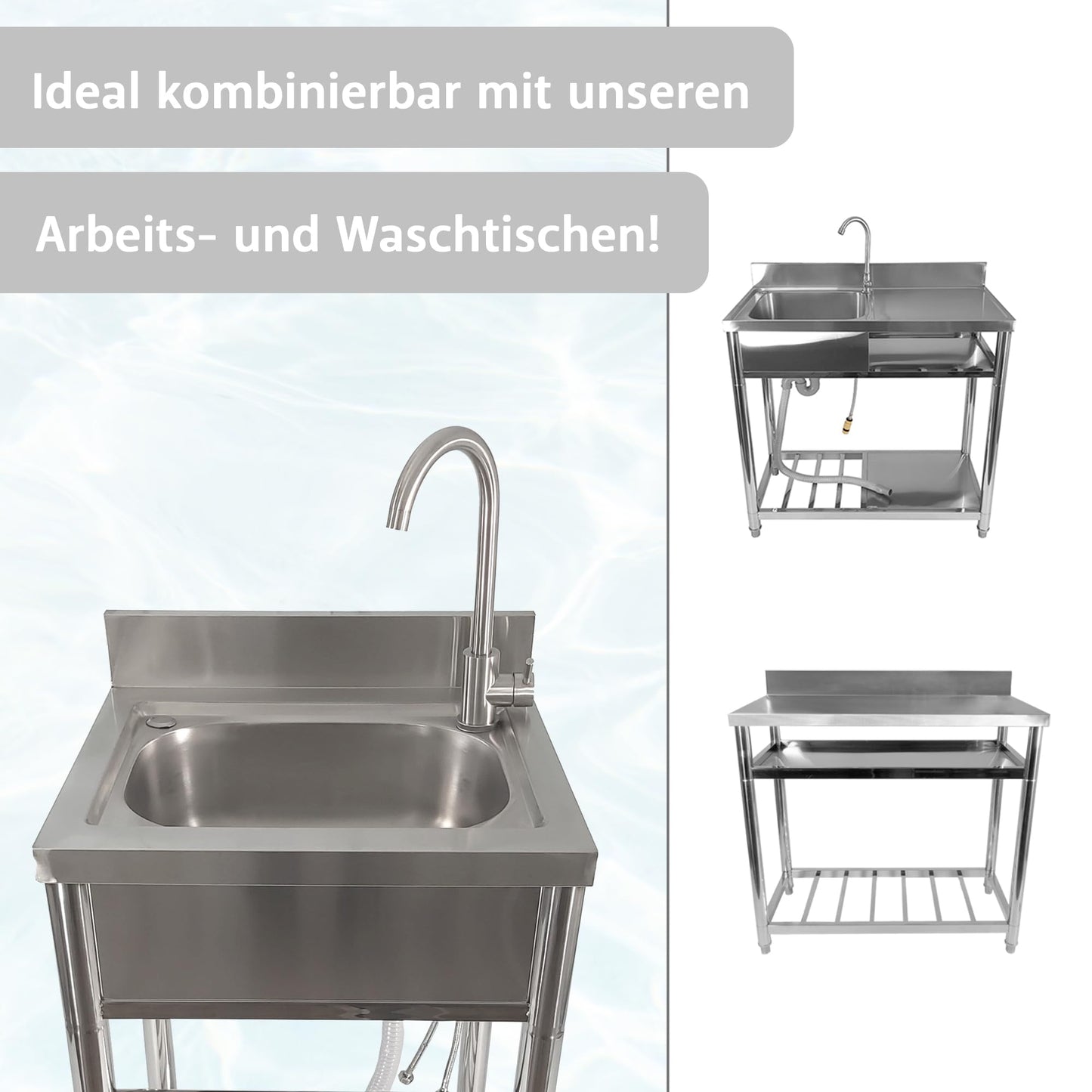 Lemodo freestanding sink - stainless steel sink with faucet, garden hose connection, mobile sink for outdoor kitchen, catering and camping, freestanding kitchen sink with shelf