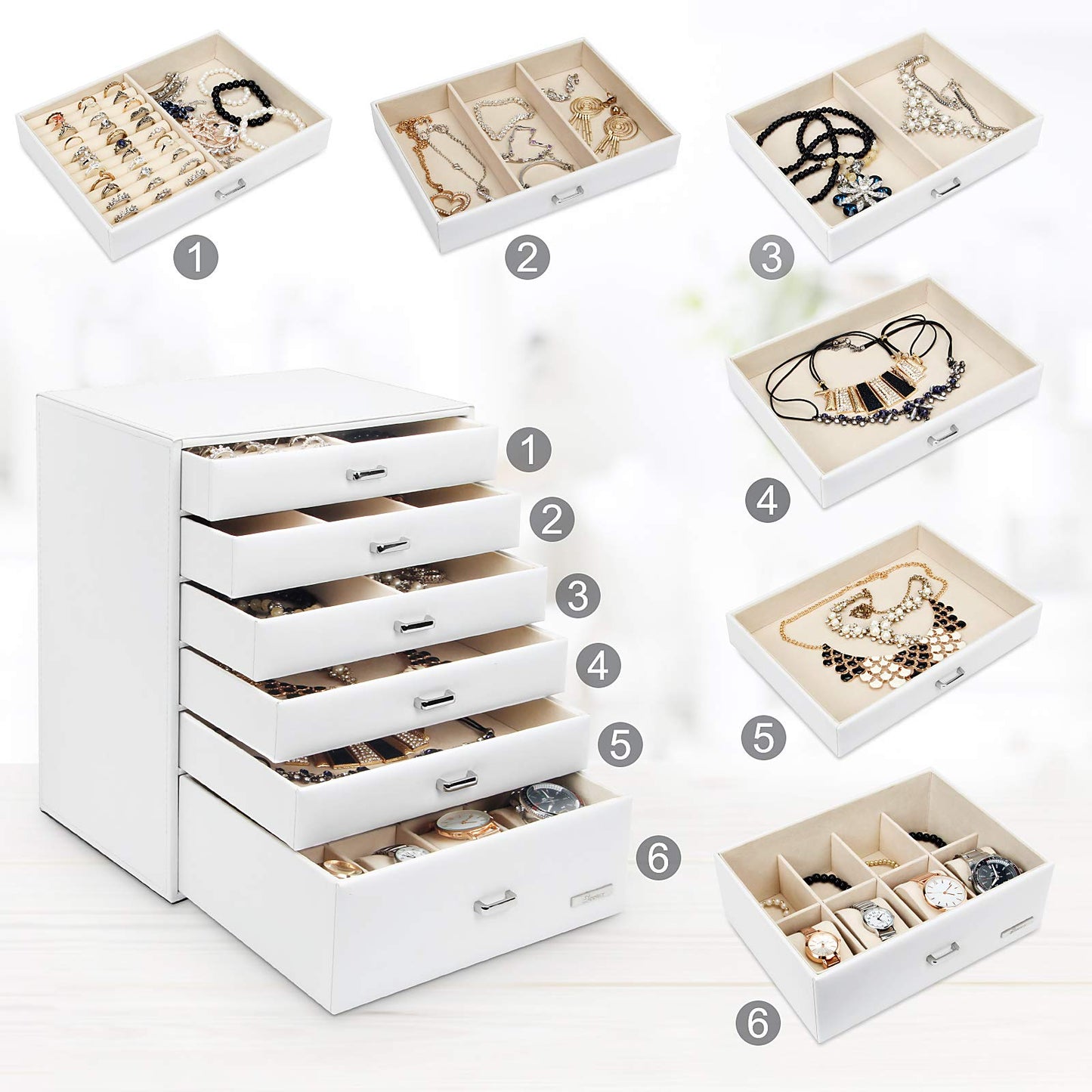 Yorbay jewelry box with 6 drawers in white, Seelux series jewelry box for necklaces, watches, rings, bracelets, earrings (Reusable)