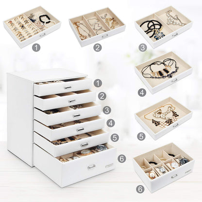 Yorbay jewelry box with 6 drawers in white, Seelux series jewelry box for necklaces, watches, rings, bracelets, earrings (Reusable)