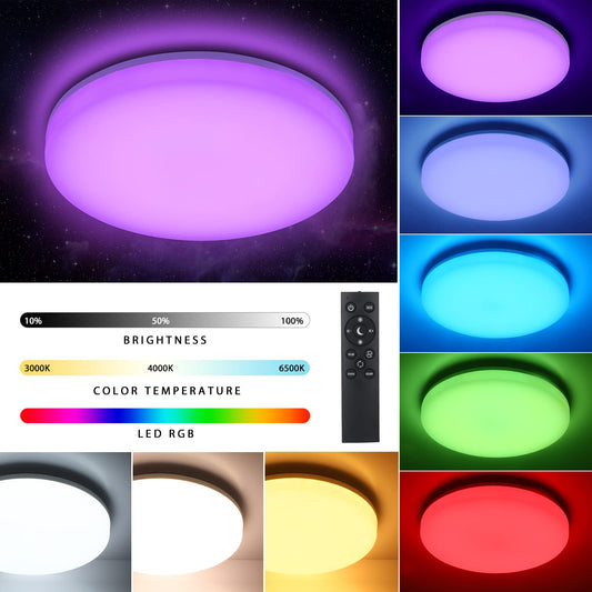 RGB LED ceiling light dimmable with remote control, 36W 3600LM ceiling lamp color change with 7 colors, IP54 waterproof bathroom light for living room, bedroom, children's room, bathroom hallway φ33*4.8cm