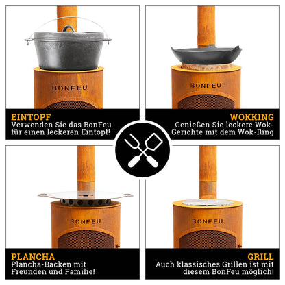 BonFeu Bongiano SP rust - patio fireplace - fire pit with spark protection for relaxing evenings - outdoor fire column - patio fireplace with grill grate - garden oven made of high-quality steel - 30x30x142cm