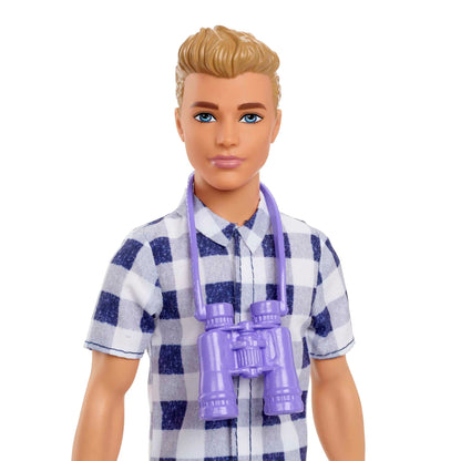 Barbie Camping Series, Ken doll with brown hair, map, binoculars, camping accessories, stickers, includes Ken doll, gift for kids, toy for ages 3+, HHR66