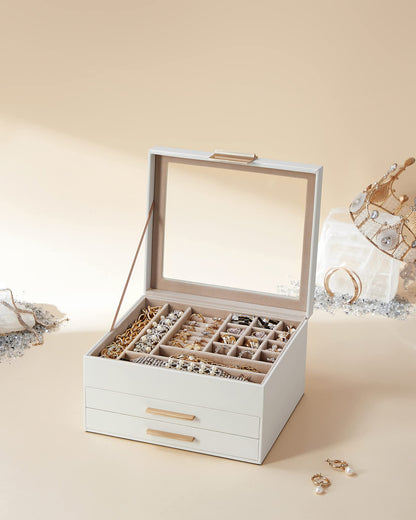 SONGMICS Jewelry box with 3 levels, glass lid, 2 drawers, ample storage, modern design, perfect gift for your loved ones, cloud white-gold JBC239WT.