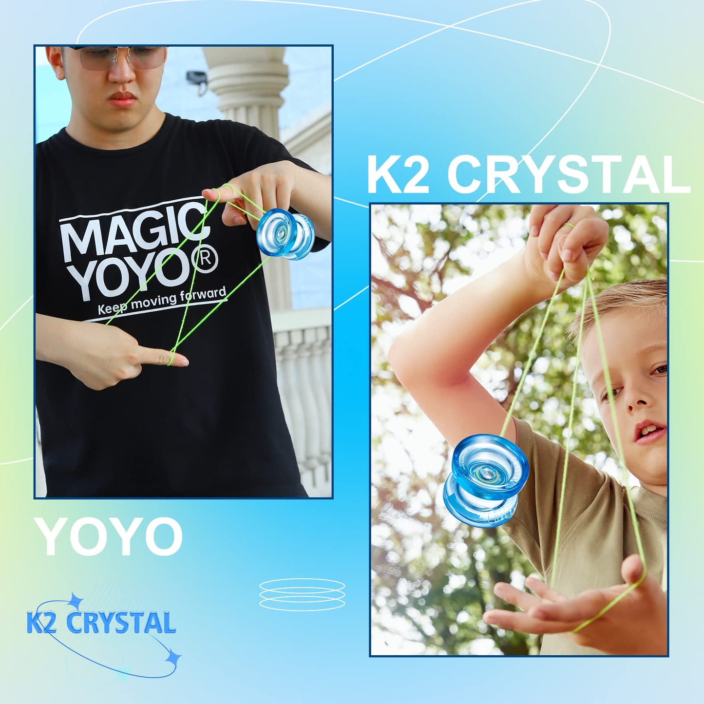 Responsive JoJo for Kids K2 Crystal Blue, plastic YoYo, professional Yoyo with Unresponsive Bearing, Trick Yoyo for Adults, with Bearing Remover, Bag, 12 Yo-Yo Strings