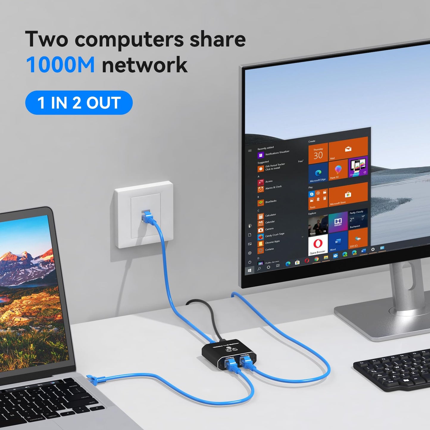 VEDINDUST LAN Splitter 1 to 2 1000Mbps Ethernet Splitter 2 Port With Type-C Power Cable Gigabit Switch for Computer, Hub, Router, Set-Top Box, Digital TV, etc.
