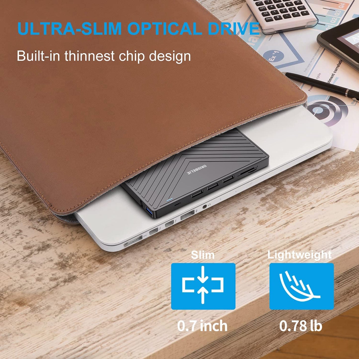 ORIGBELIE External DVD Drive, Ultra Slim CD Burner USB 3.0 with 4 USB Ports and 2 TF/SD Card Slots, Plug-and-Play External CD Drive for Laptop Mac, PC Windows 11/10/8/7, Linux OS