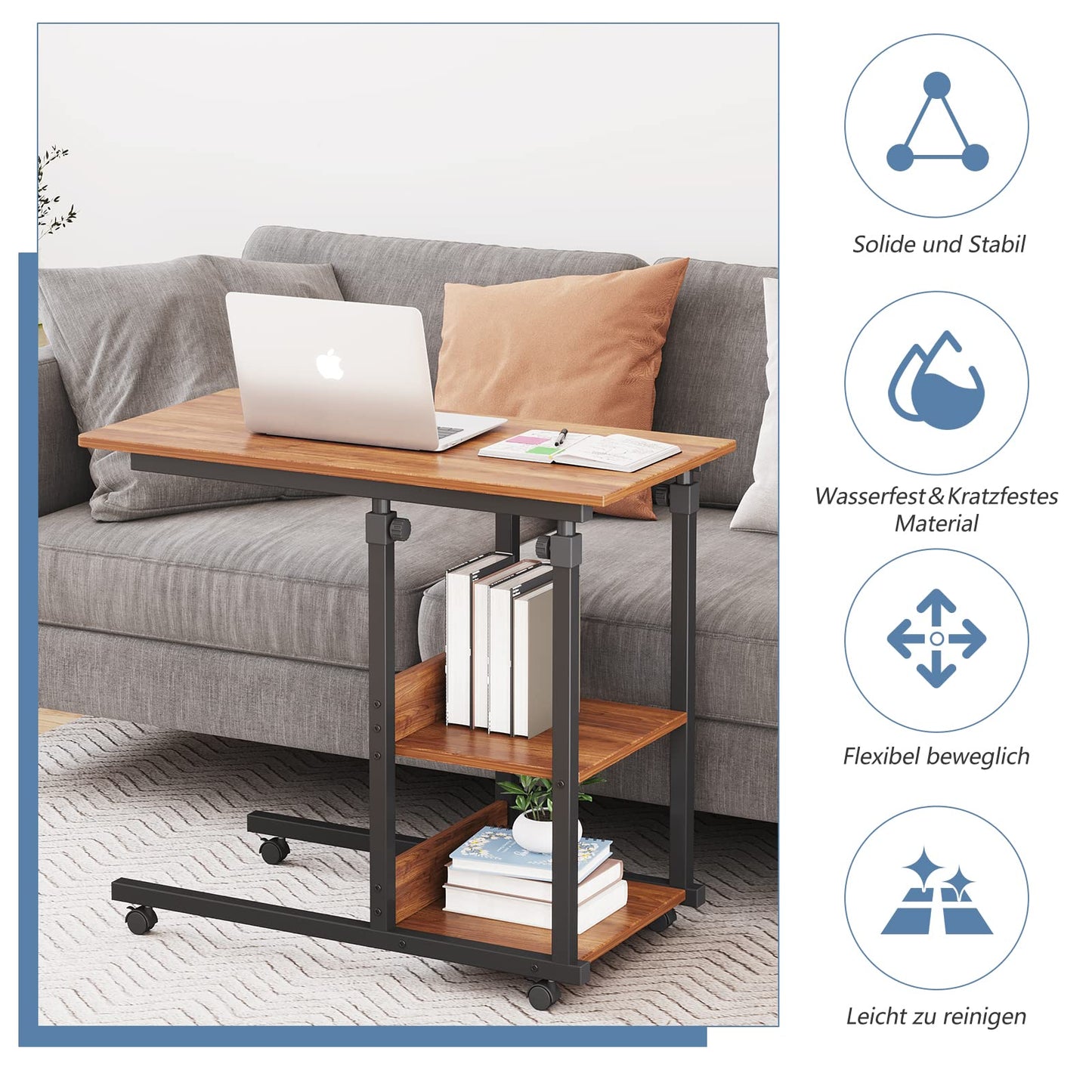 Dripex side table with wheels Adjustable Height Laptop Table Wooden Desk, Sofa Side Table Coffee Table Bedroom, Living Room Dark Brown