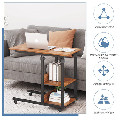 Dripex side table with wheels Adjustable Height Laptop Table Wooden Desk, Sofa Side Table Coffee Table Bedroom, Living Room Dark Brown