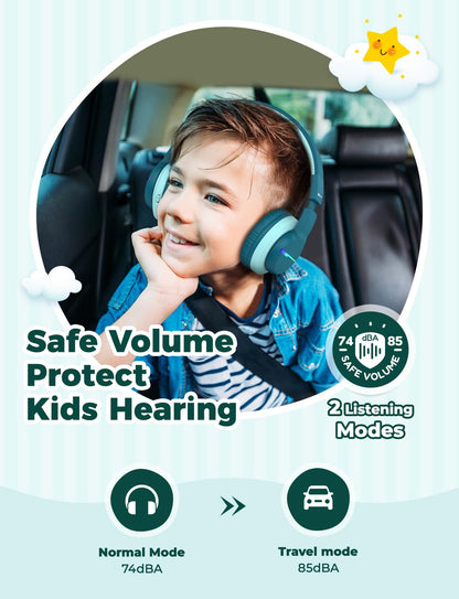 iClever Bluetooth kids headphones, colorful LED lights, over-ear design with 74/85dBA volume limiter, 85 hours of playtime, Bluetooth 5.2, built-in microphone BTH12.