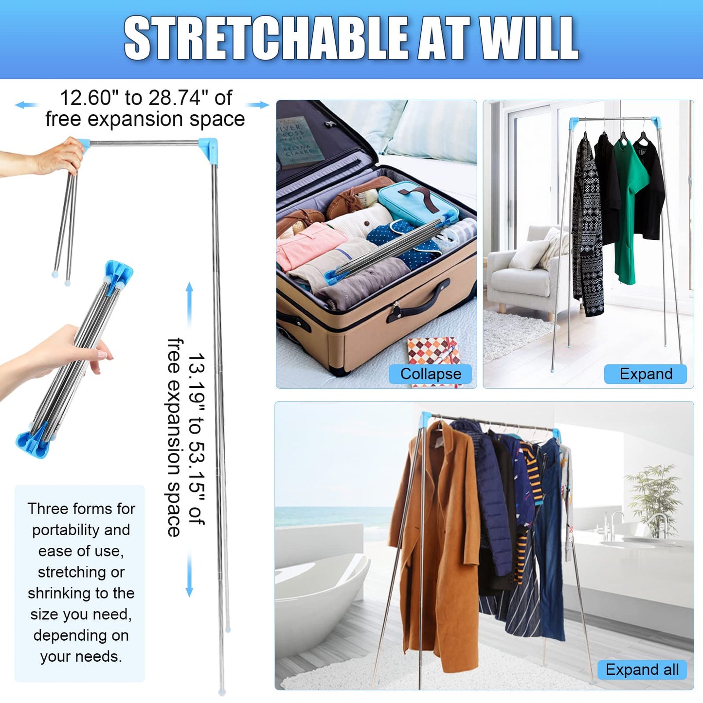 Folding Portable Clothes Rack, Extendable Clothes Pole, Adjustable Travel Clothes Stand, Lightweight Clothes Rack for Travel, Dance, Camping, Laundry