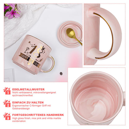 18th Birthday Girl, Happy 18th Birthday, 14oz coffee mug with gold print, Funny gifts for 18th birthday girl daughter, With lid, greeting card, gold spoon, gift box.