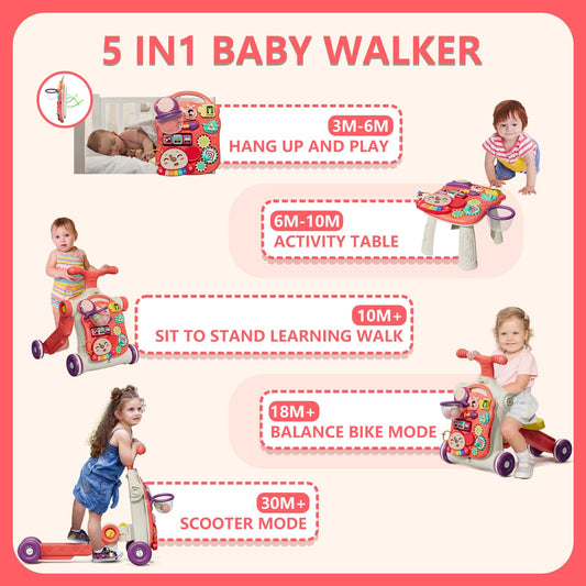 HYES 5 in 1 baby walker, baby play and walking aid with music and detachable play board, walking baby walker toy, for children aged 3-30+ months, red