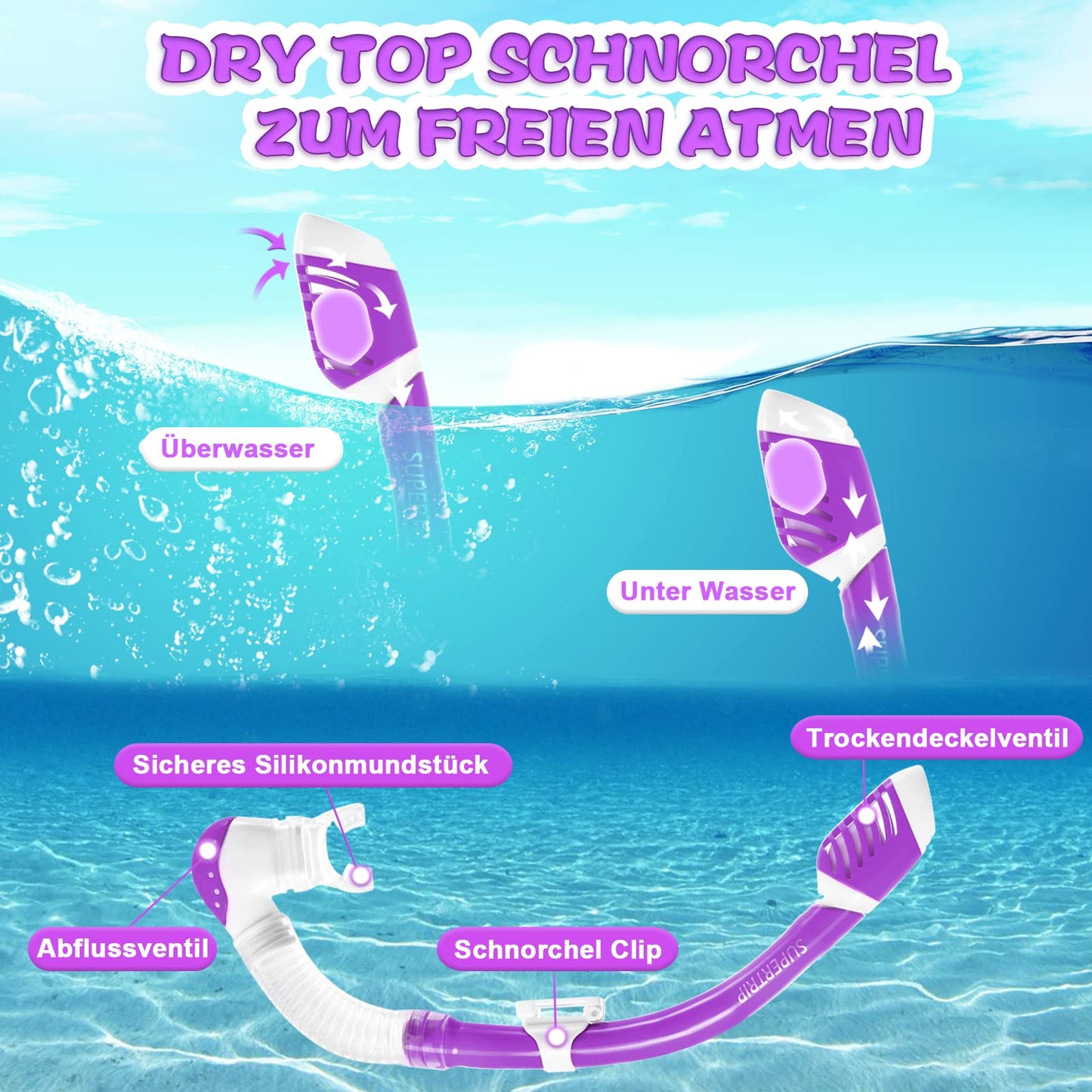 Supertrip Kids Snorkel Set 3-piece, Snorkeling Set with Fins, Dive Mask with Tempered Glass, Adjustable Swim Fins, Premium Dry Snorkel for Children Junior