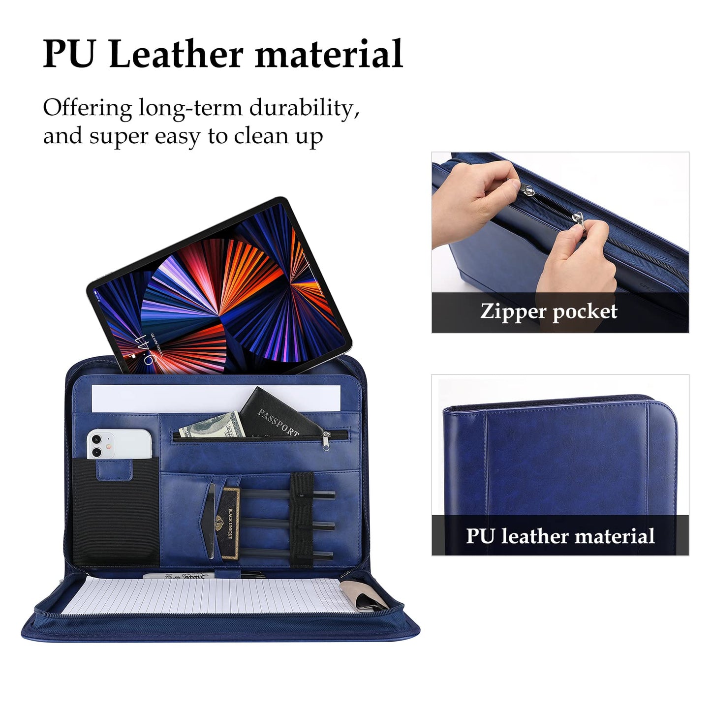 ProCase A4 Writing Pad PU Leather Conference Folder Portfolio with Zipper Clipboard Notepad Business Document Holder, lightweight, durable material - Navy